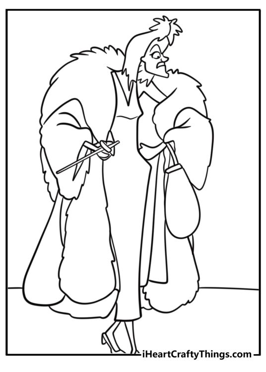 Cruella de Vil with her long fur coat fun coloring sheet
