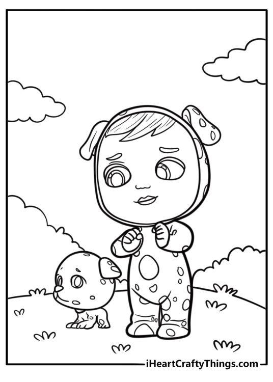 Cry Babies character looking for a missing toy coloring page