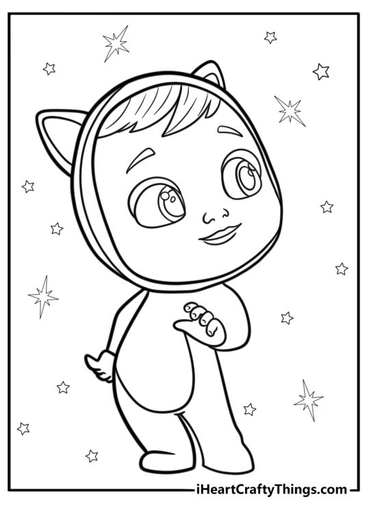 Cry Babies character surrounded by sparkles coloring page