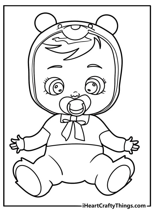 Cry Babies character with pacifier in crib coloring page