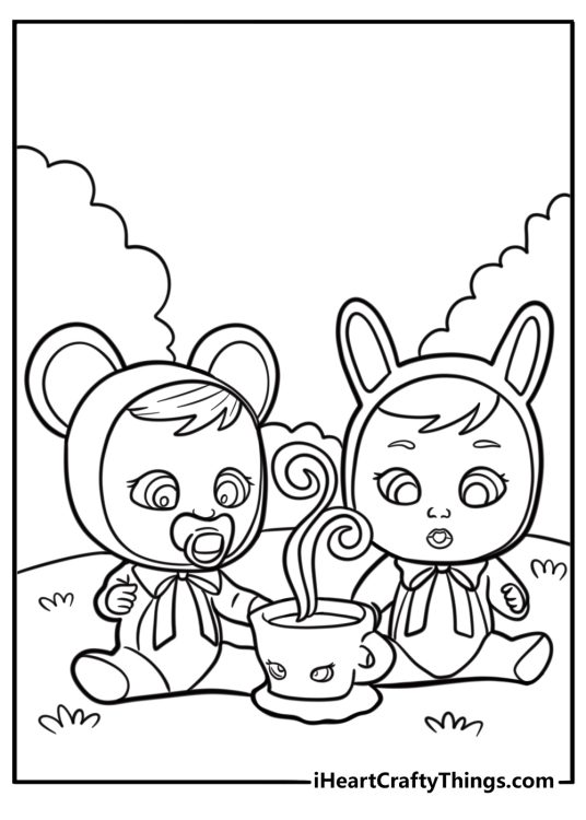 Cry Babies characters in a tea party scene coloring page