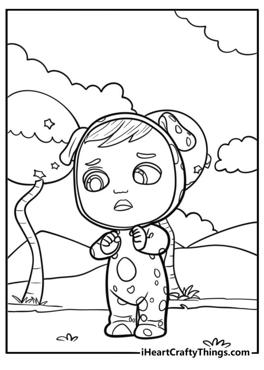 Cry Babies inside a colorful fantasy forest coloring page
