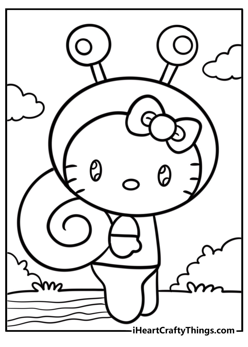 cute Hello Kitty as a snail coloring page free printable