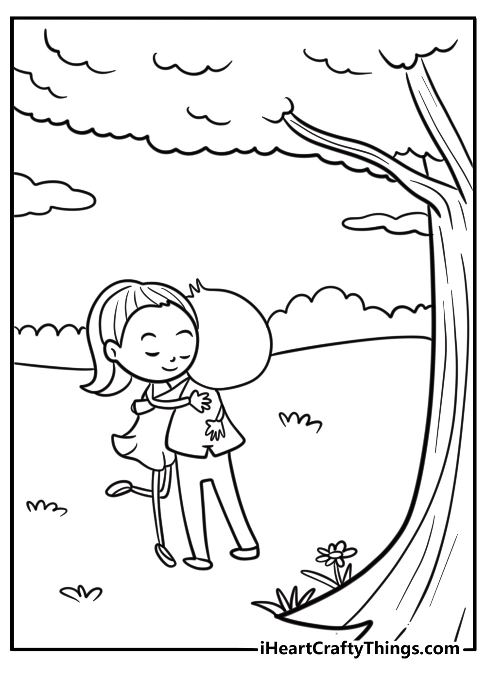 Cute couple hugging near a tree coloring sheet for kids