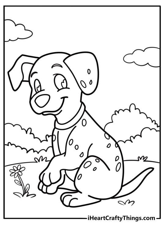 Cute Dalmatian puppy sitting and smiling coloring sheet