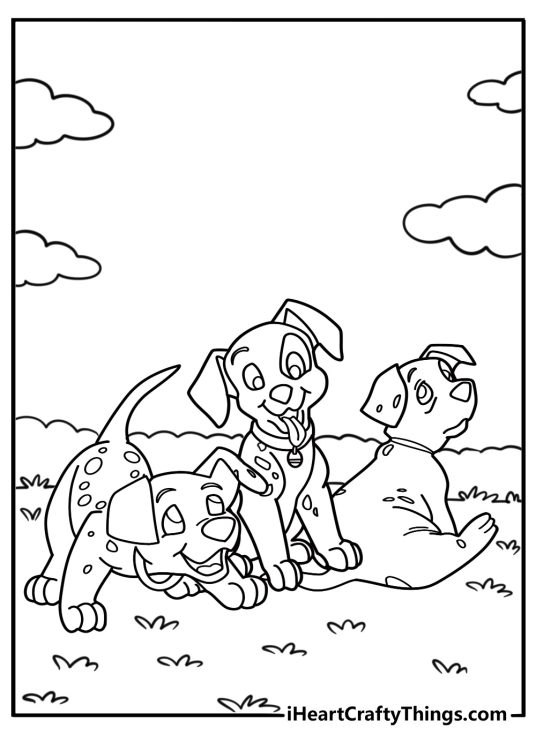 Dalmatian puppies playing in the yard free coloring page pdf