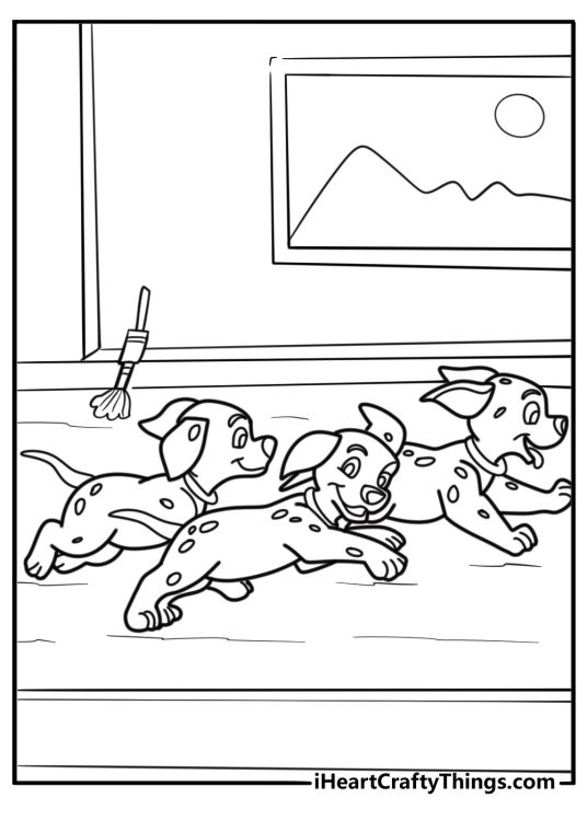 Dalmatian puppies running around in the house fun coloring sheet