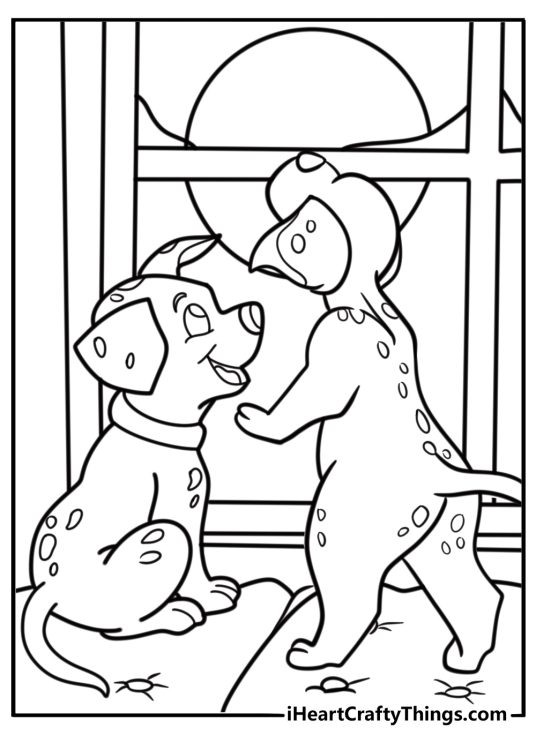 Dalmatian puppies sneaking out the window detailed coloring sheet