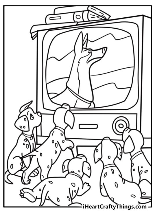Dalmatian puppies watching TV fun printable coloring sheet