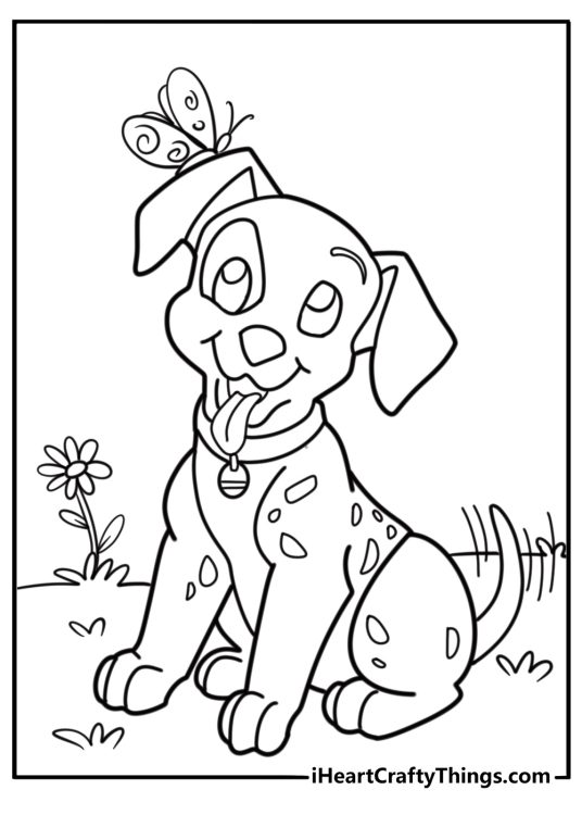Dalmatian puppy chasing a butterfly detailed coloring sheet