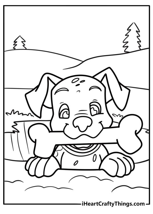 Dalmatian puppy playing with a bone fun coloring sheet