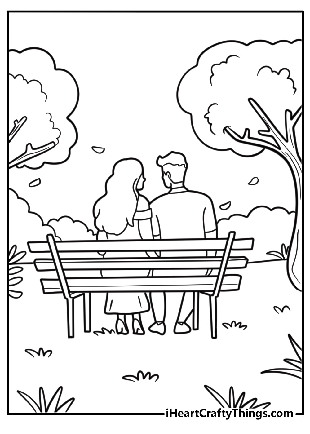Detailed couple sitting together on a bench coloring sheet