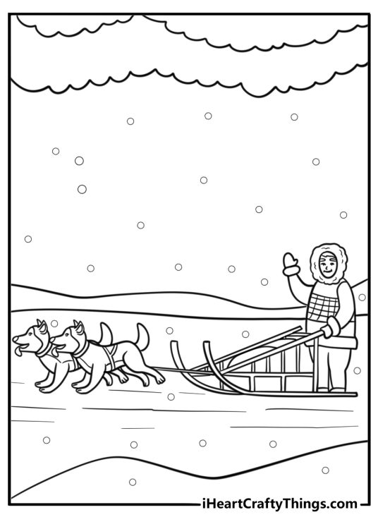 Dog sled team racing through snow coloring sheet