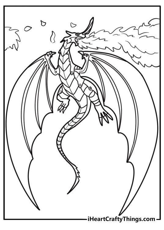 Drago mid attack with fire energy around him coloring page