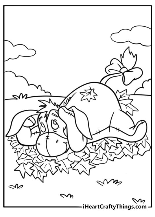 Eeyore in a pile of leaves coloring page