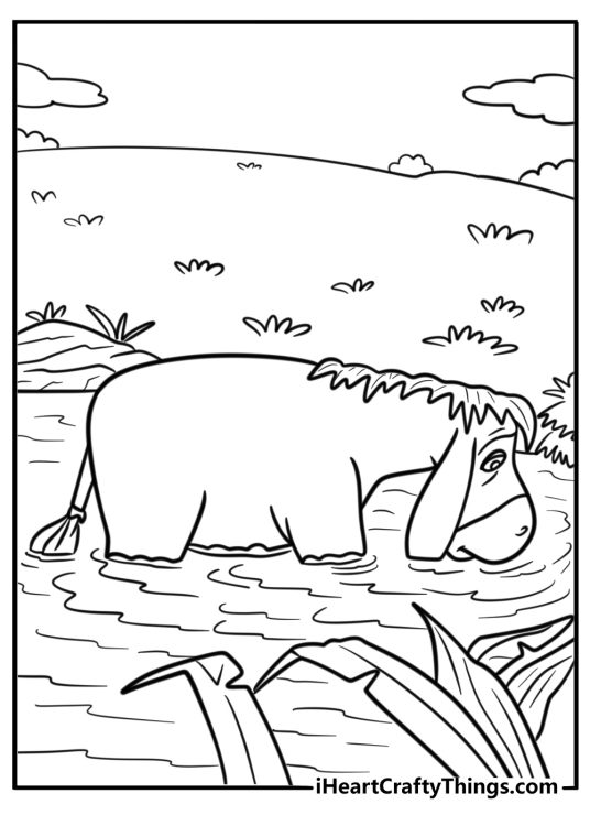 Eeyore looking at his reflection in the water coloring sheet