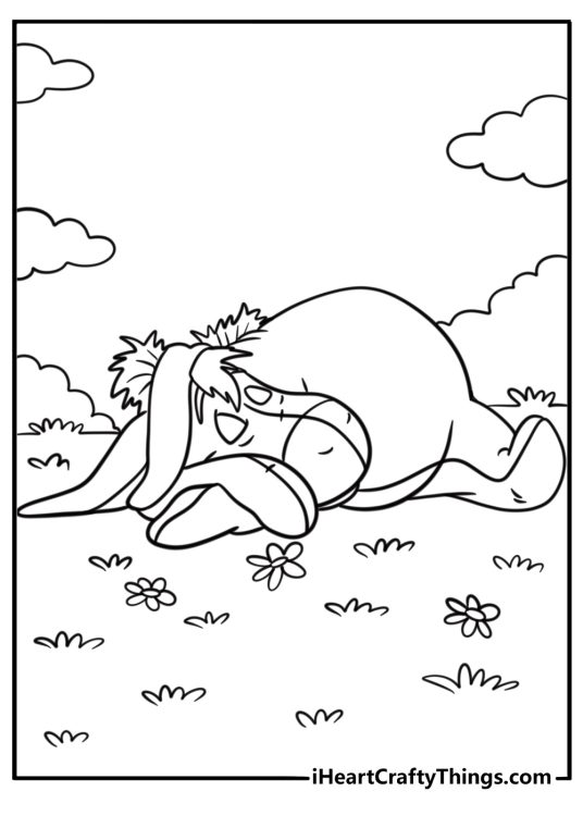 Eeyore lying down with eyes closed coloring sheet