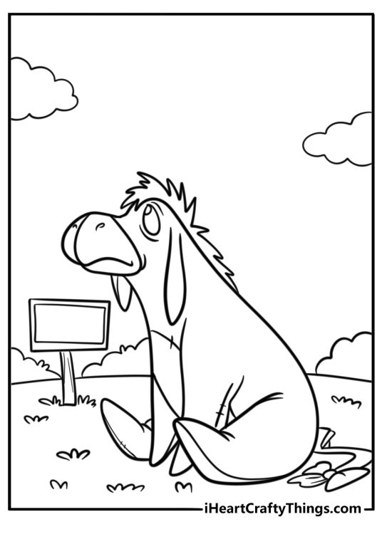 Eeyore sitting near a wooden sign coloring page