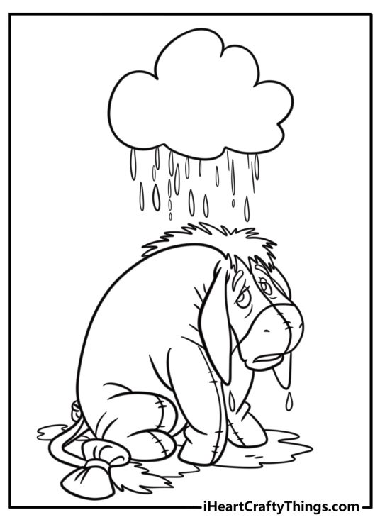 Eeyore under a rainy cloud coloring sheet