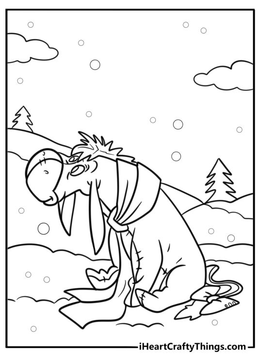 Eeyore wearing a scarf in the snow coloring page