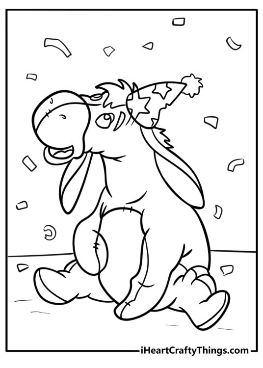 Eeyore with a birthday hat coloring page