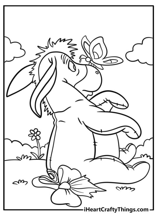 Eeyore with a butterfly on his nose coloring page
