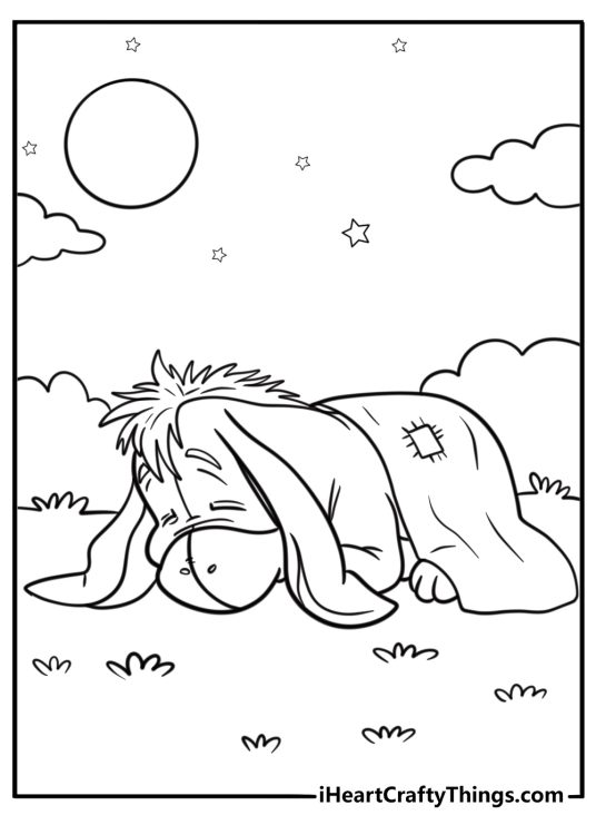 Eeyore with a patchwork blanket coloring sheet