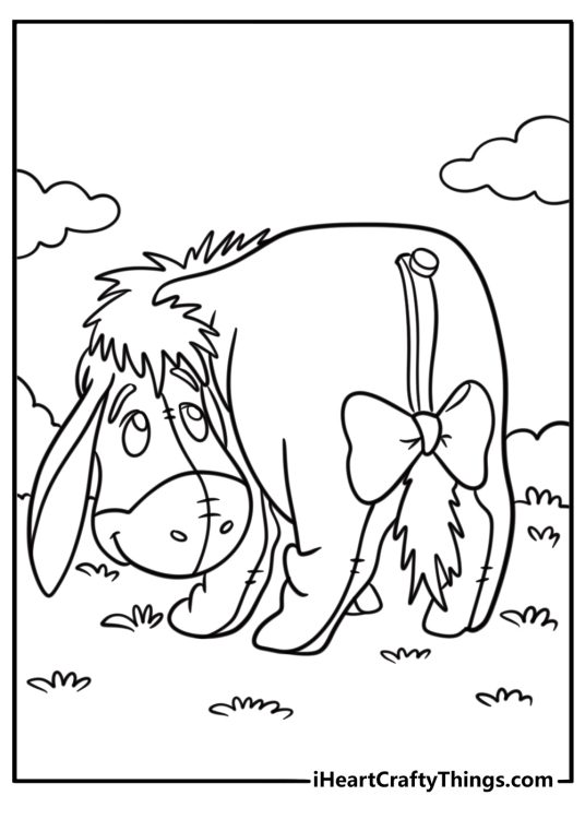 Eeyore with his tail pinned on coloring sheet