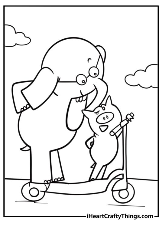 Elephant and Piggie riding a scooter coloring page