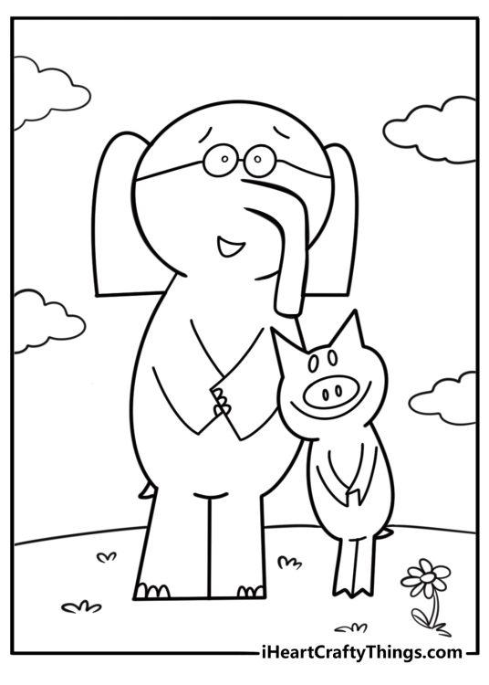 Elephant and Piggie standing together coloring page for kids