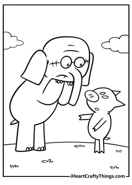 Elephant Gerald looking worried coloring page for kids