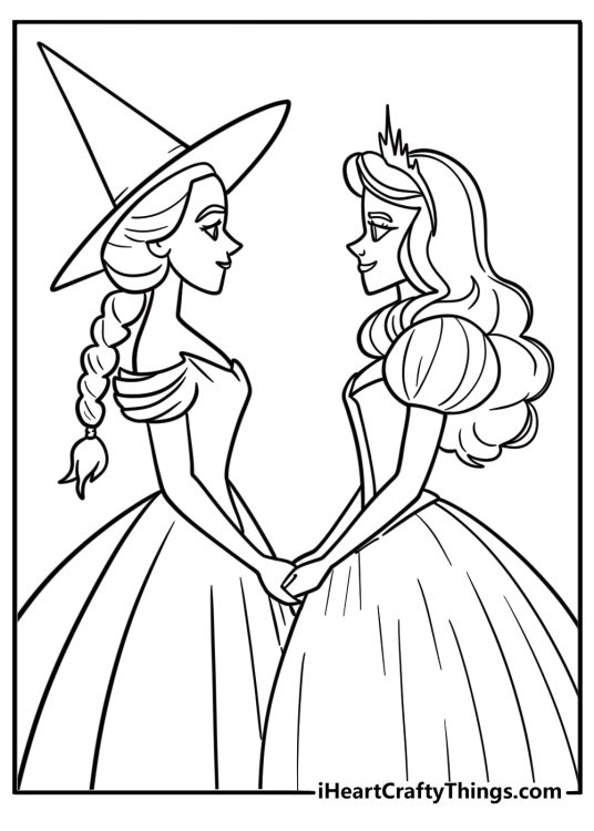 Elphaba and Glinda holding hands free printable coloring page