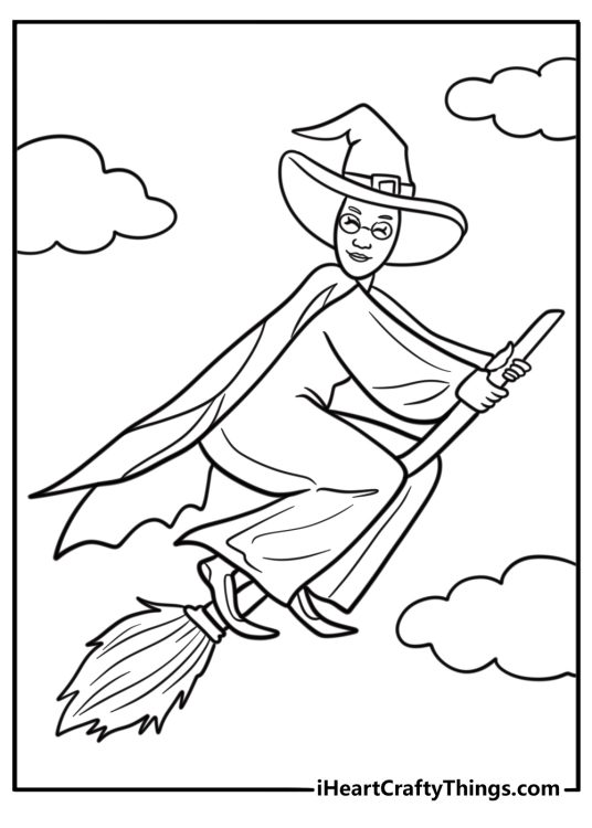 Elphaba flying on a broom coloring page for kids