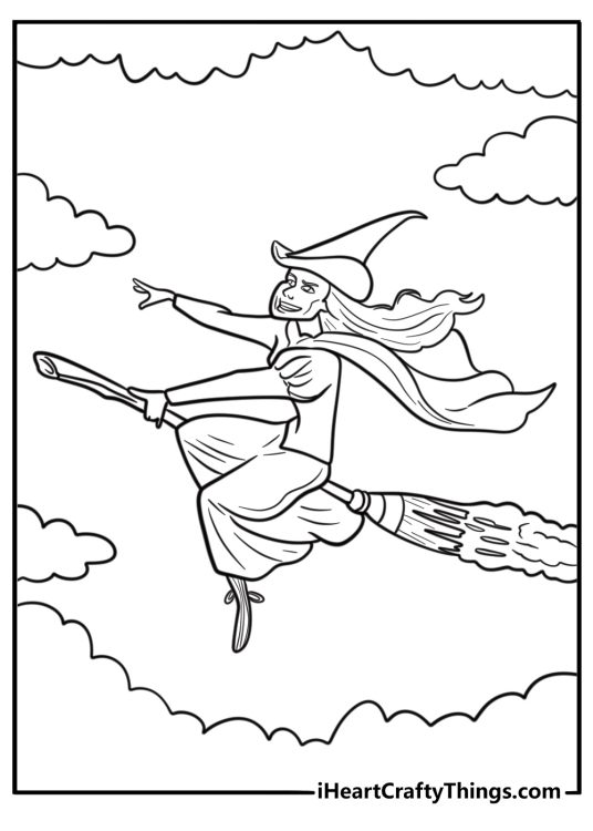 Elphaba riding her broom through clouds fun printable sheet