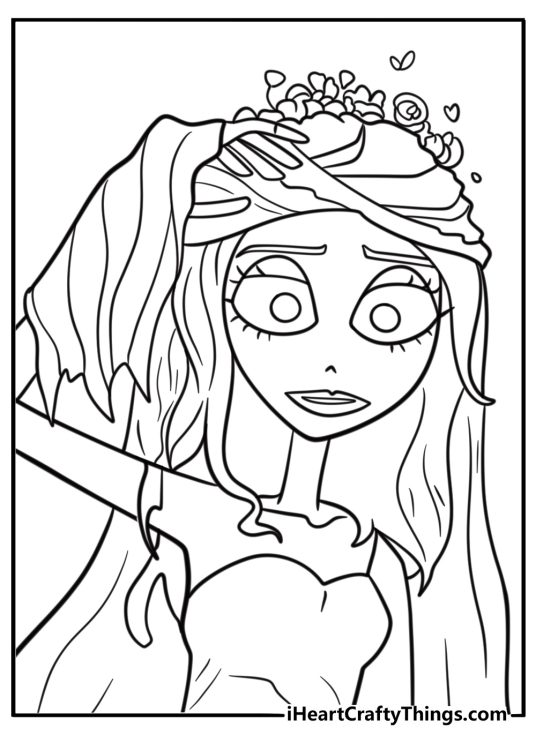 Emily the Corpse Bride smiling coloring page