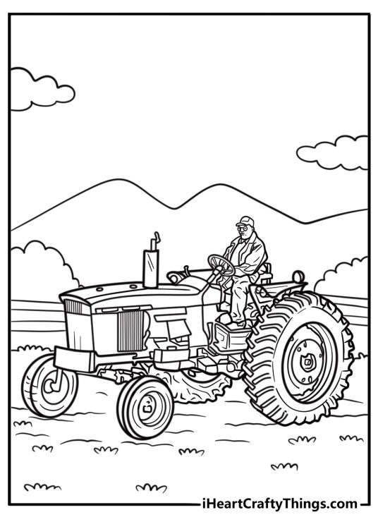 Farmer driving a John Deere tractor coloring page