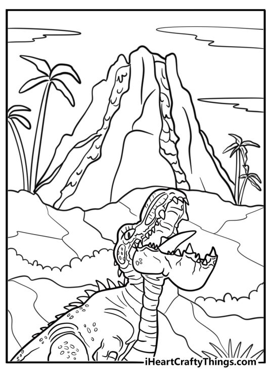 Gigantosaurus roaring near volcano coloring page