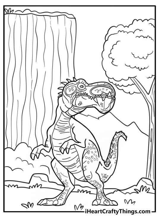 Gigantosaurus standing near a waterfall coloring page