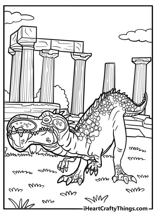 Gigantosaurus walking past ancient ruins coloring page