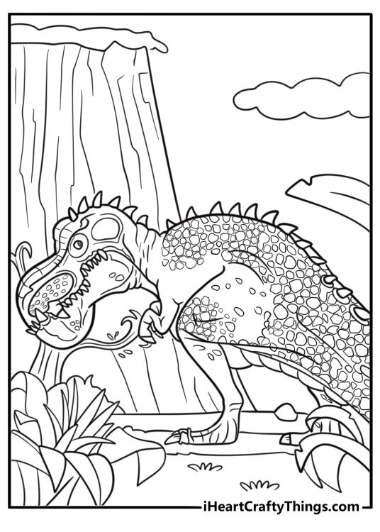 Gigantosaurus watching from behind trees coloring page