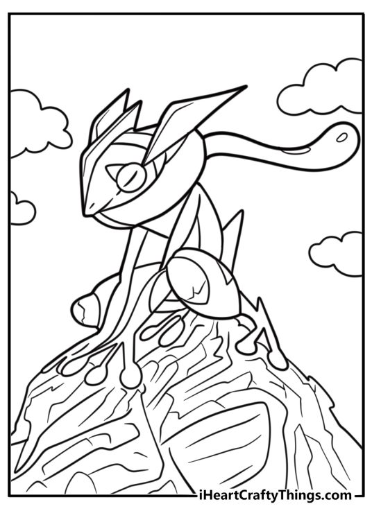 Greninja crouching on a rock coloring page