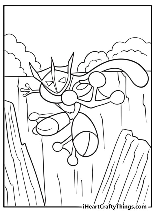 Greninja leaping off a cliff printable coloring sheet