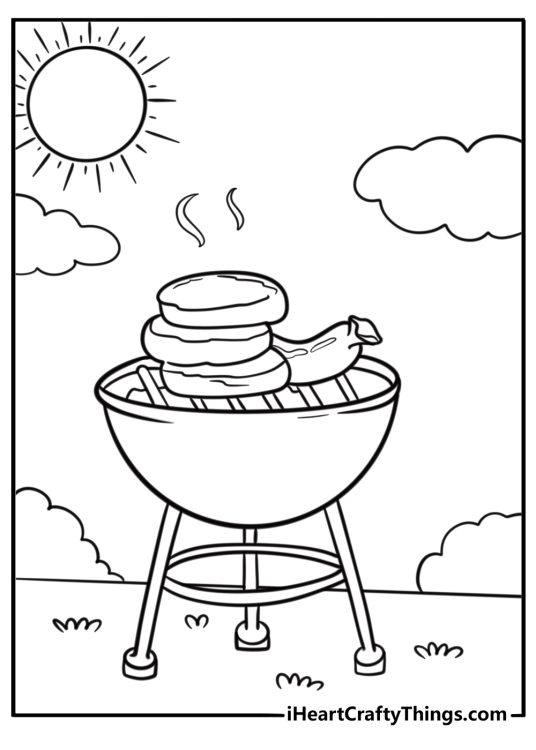 Grill with burgers and hot dogs for a summer barbecue coloring page