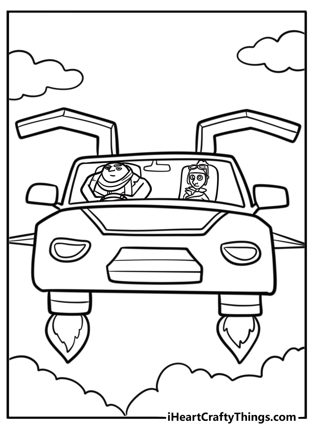 Gru and Lucy driving a high tech car coloring sheet