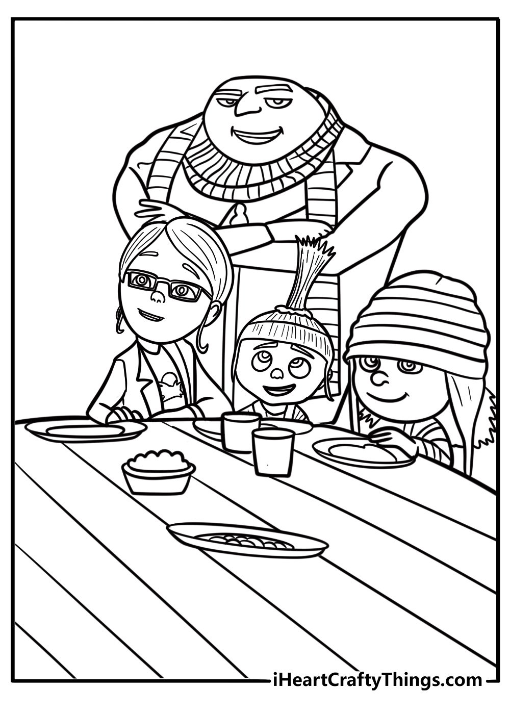 Gru and the girls having dinner coloring sheet