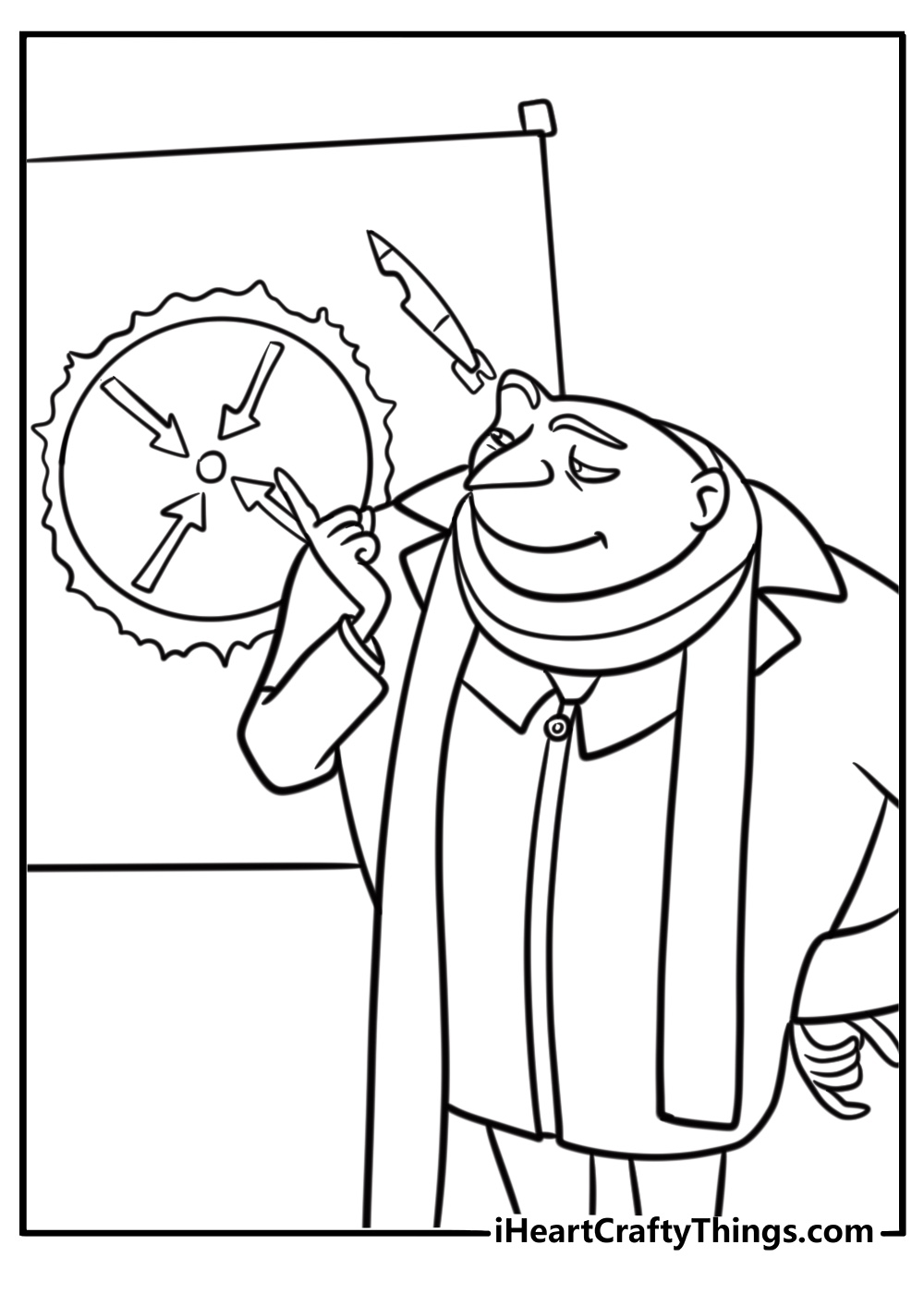 Gru pointing at a blueprint coloring page