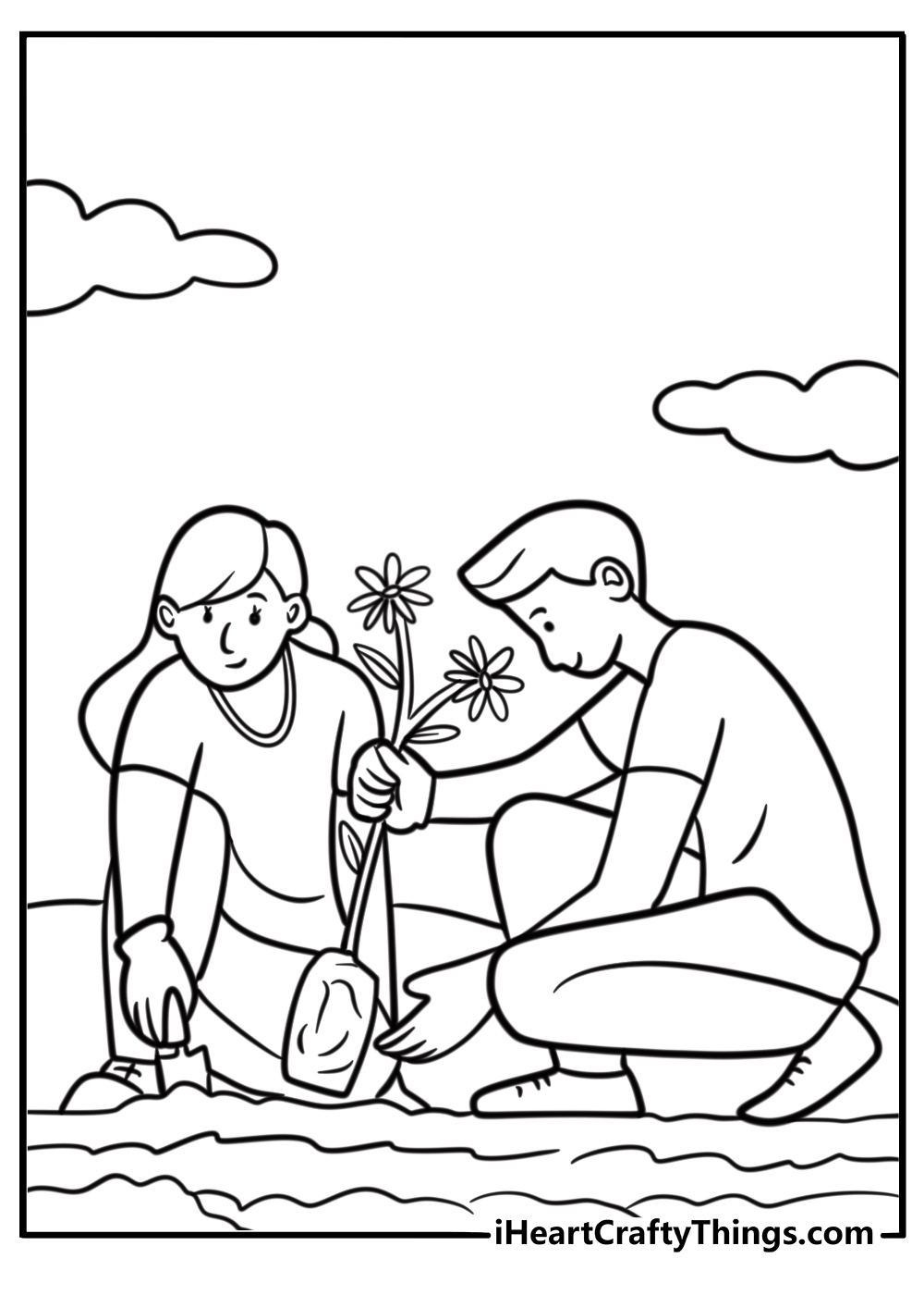 Happy couple planting flowers in the garden coloring sheet for kids