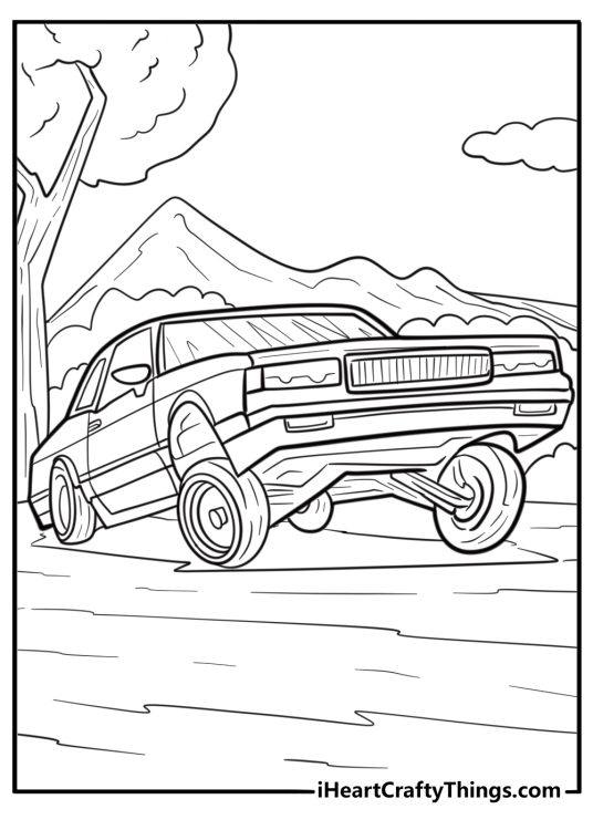 Hydraulic suspension lowrider in motion coloring page