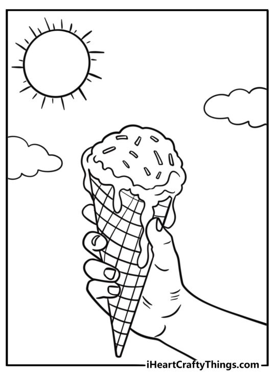 Ice cream cone melting in the heat printable coloring sheet