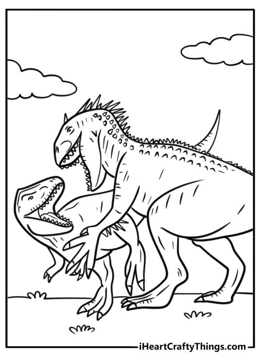 Indominus Rex fighting a T-Rex free printable coloring page